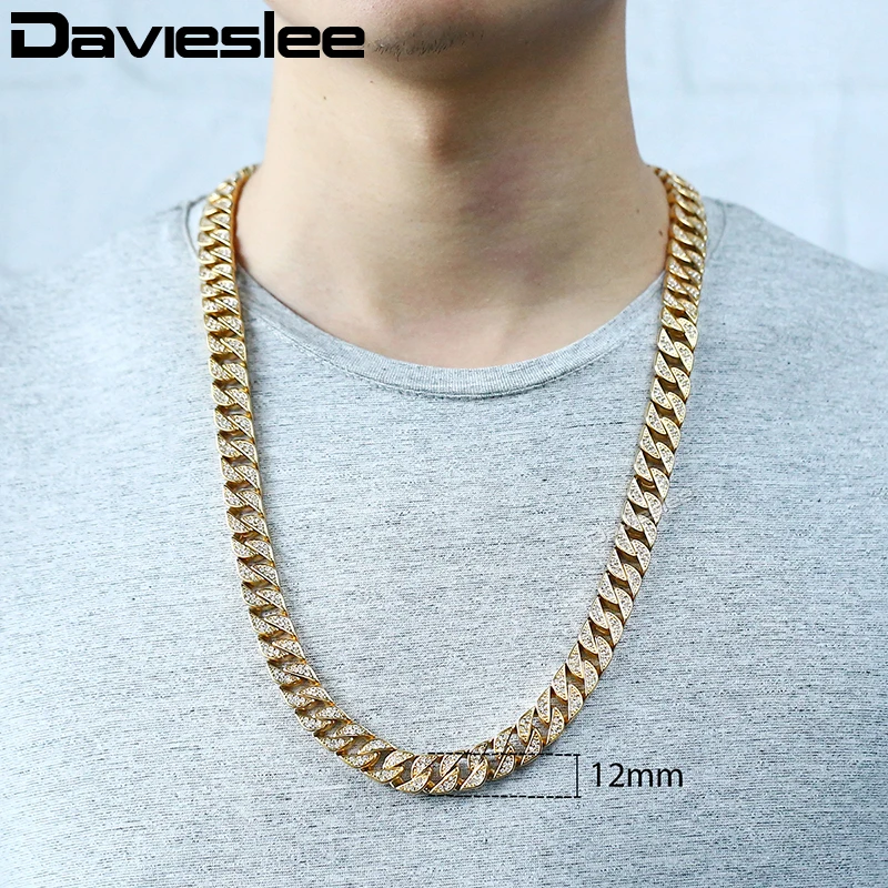 Miami Necklace Bracelet Jewelry Set for Men Gold 316L Stainless Steel Cubic Zirconia CZ Chain 12mm LHS60 | Украшения и аксессуары