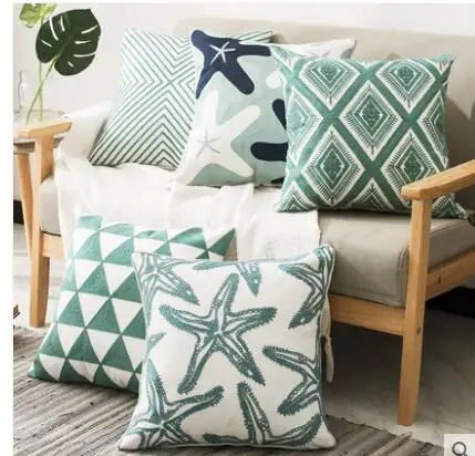 

cotton canvase fabric blue green geometric embroidered cushion cover pillowcase decorative waist pillow case