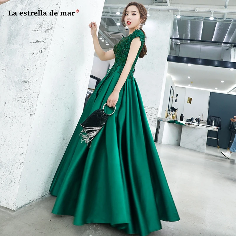 Vestido madrinha2019 новое из кружева, с вырезом на шее атласный с коротким рукавом линия зеленый бордовый мусульманский Свадебный Гость длинное платье, Роба demoisell