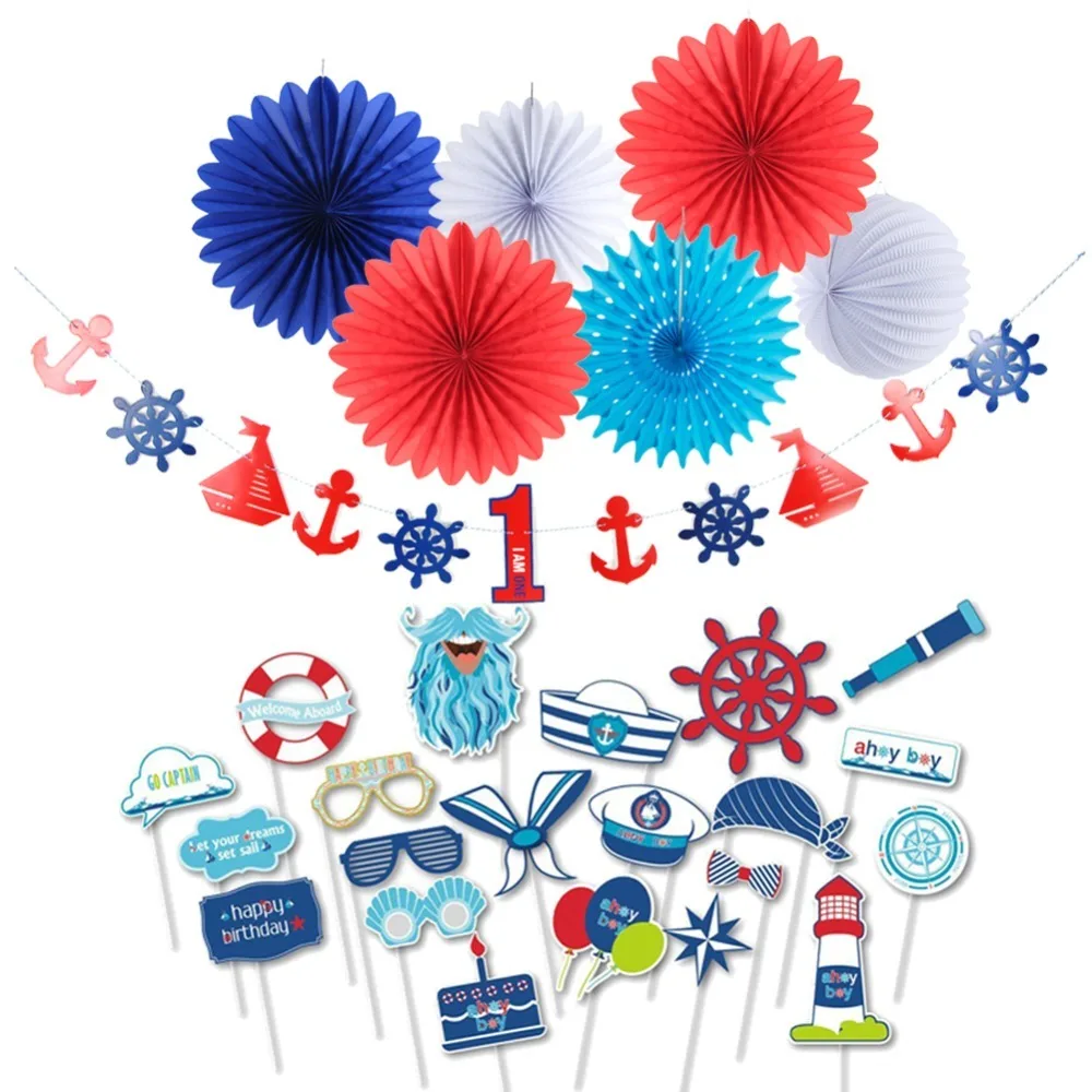 

27pcs Nautical Theme First Birthday Boy Party Decorations With Photo Booth Props Birthday Banner 1-6 Years Kids Happy Birthday