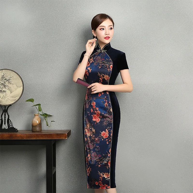Китайское платье Qipao Шанхай раннее бархатное Ципао с коротким рукавом винтажное