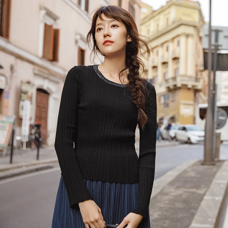 INMAN Spring Autumn Round Collar Stripped Fitness Women Long Sleeve Knit Sweater Tops | Женская одежда