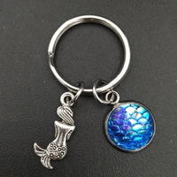 summer beach style mermaid and blue scale charm keychain stainless steel keyring fashion girls women jewelry accessories
