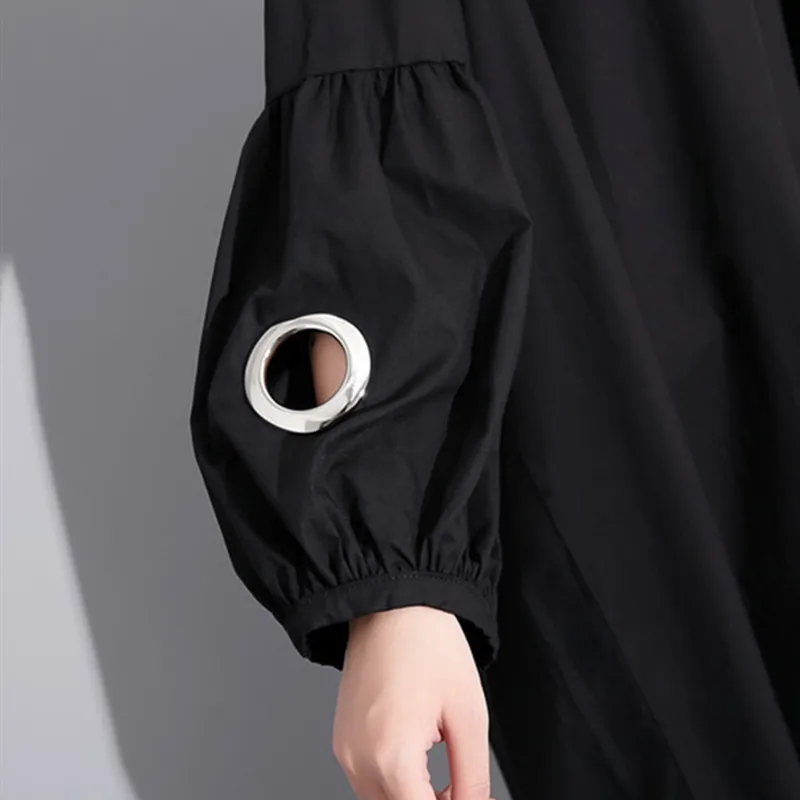 

Johnature 2021 New Sequined O-neck Full Puff- Sleeve Solid Color Women Dresses Spring Streetwear Fashion Irregular Loose Dress