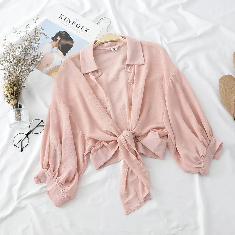 Women Blouse Shirt HISUMA женская летняя шифоновая рубашка с рукавом-фонариком спереди, на завязках, винтажный сексуальный короткий эластичный тонкий кардиган, блуза на пуговицах, топы - Цвет: Women Blouse Shirt