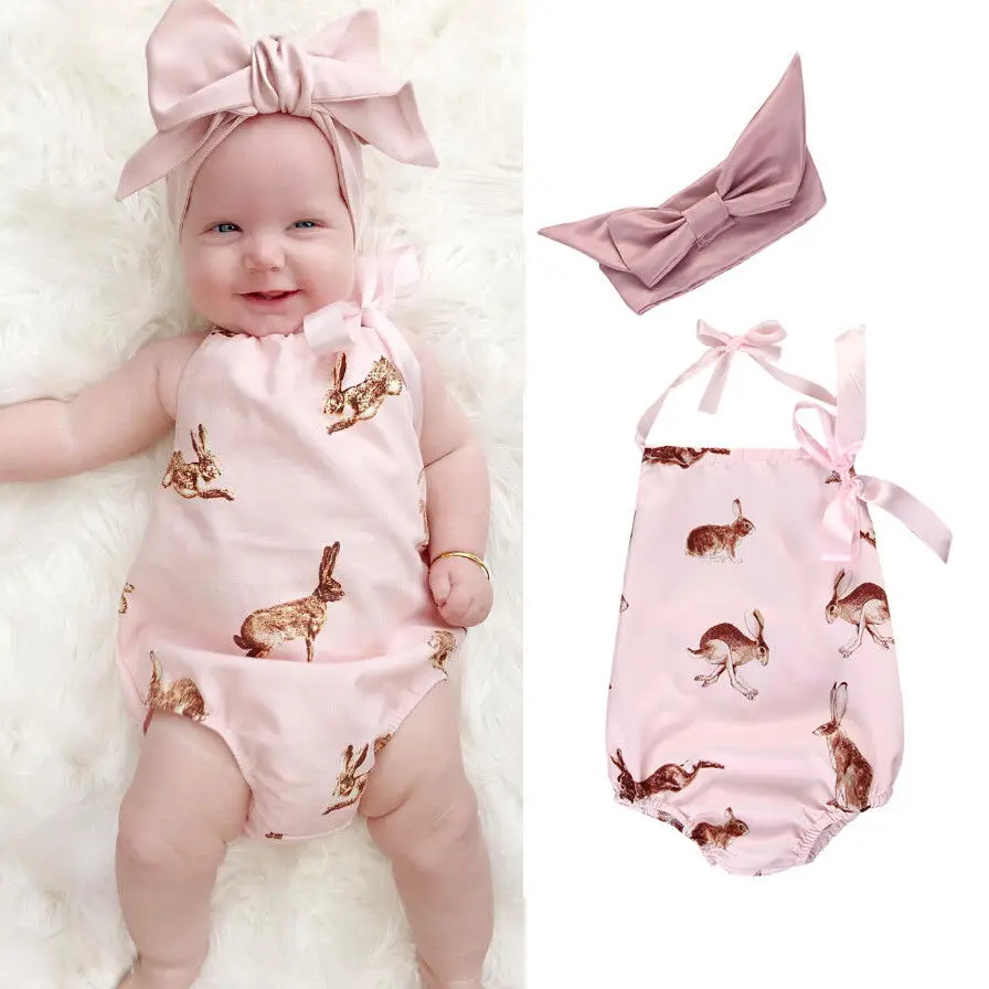 Милая одежда с принтом для маленьких девочек боди дизайном кролик Детская летняя