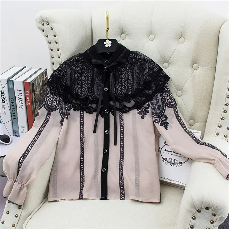 Блузка женская кружевная с длинным рукавом и бантом | Женская одежда