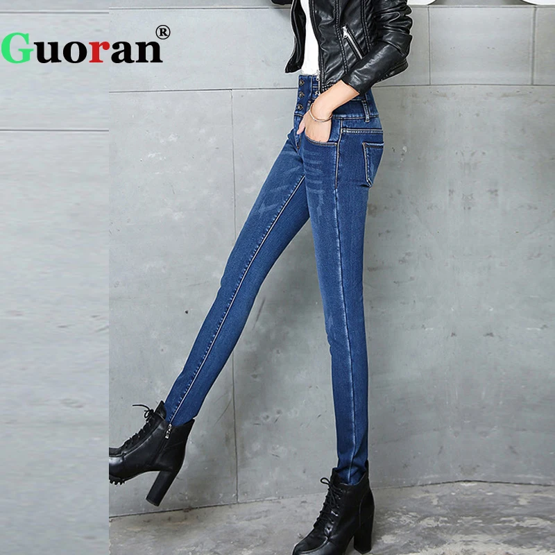 Женские брюки карандаш из джинсовой ткани {Guoran} синие флисовые плотной размера