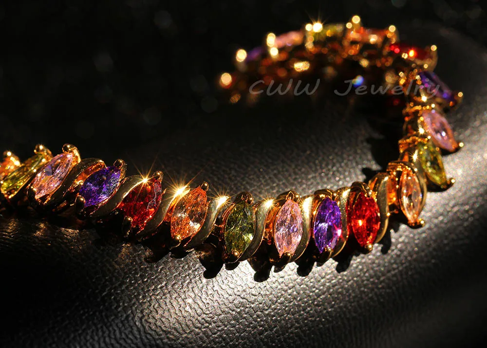 CWWZircons Top Quality Oval Shape Crystals Paved Yellow Gold Color Women Tennis Bracelets With Multi Colored Zircon Stone CB168|tennis
