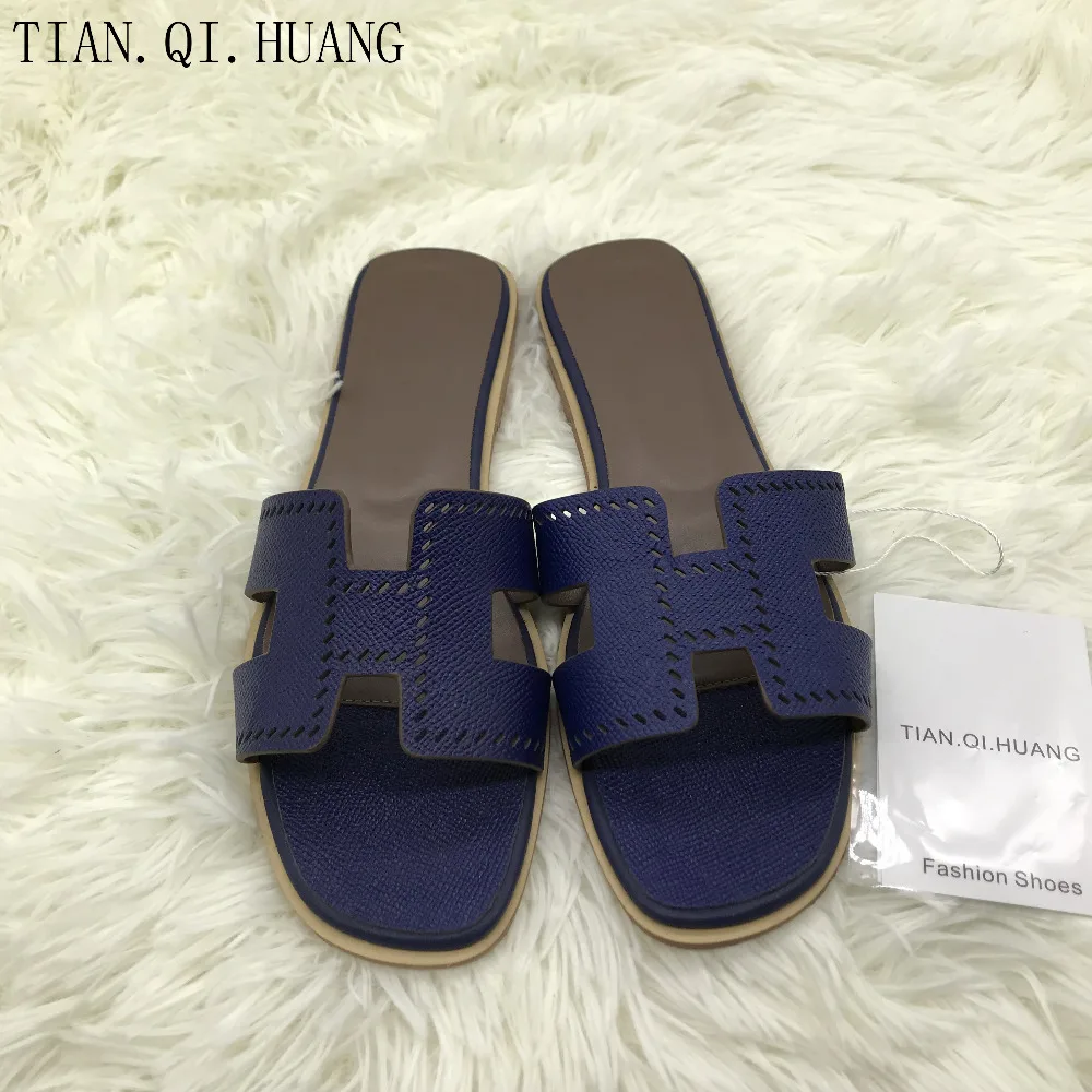 Женские сандалии из натуральной кожи повседневные шлепанцы на плоской подошве