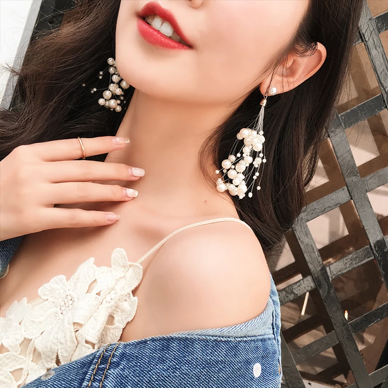 Женские Висячие серьги с искусственным жемчугом эффектные длинные бахромой