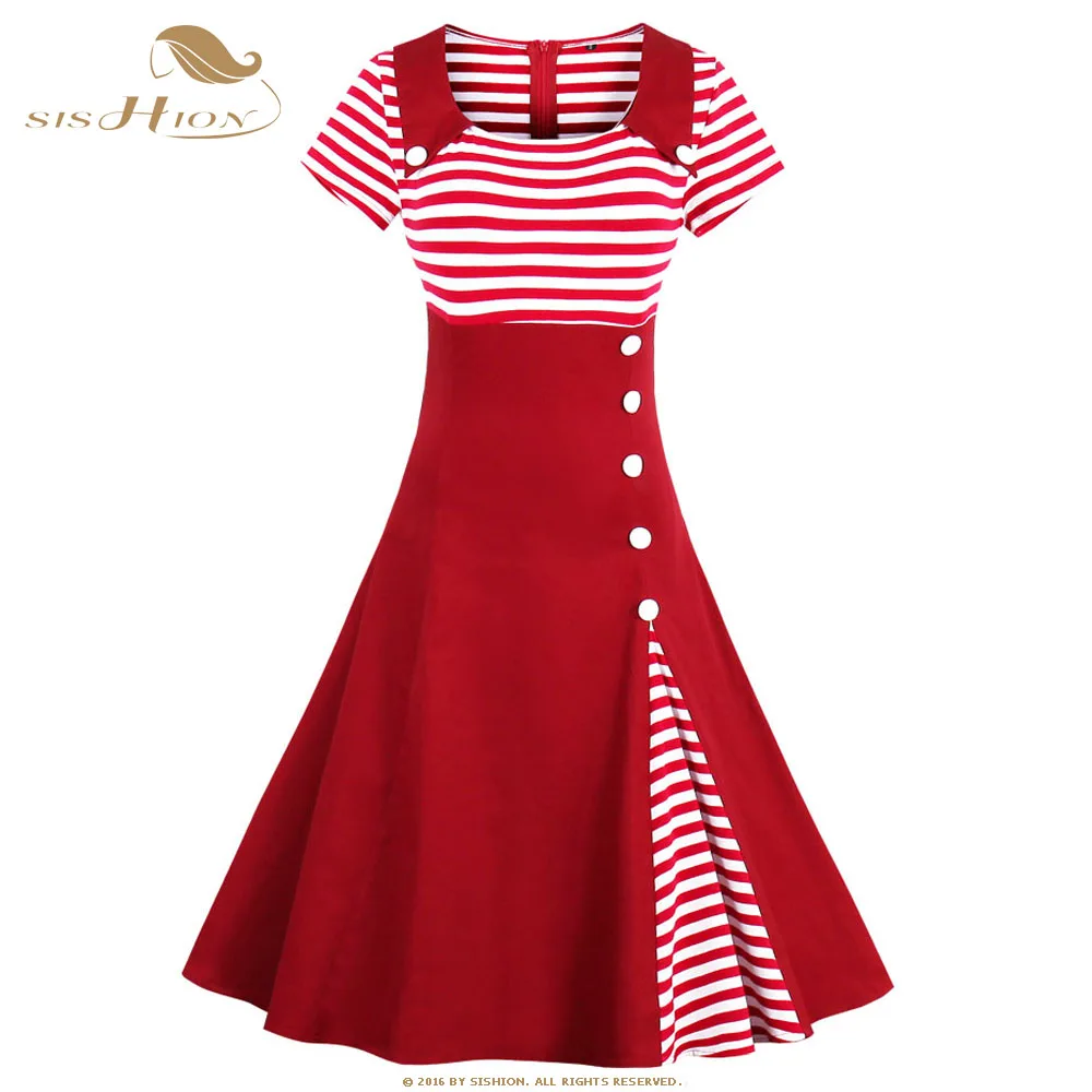 

SISHION Summer Dress Women's Vintage Contrast Striped Patchwork Buttoned Swing Vintage Dress Plus Size VD0629