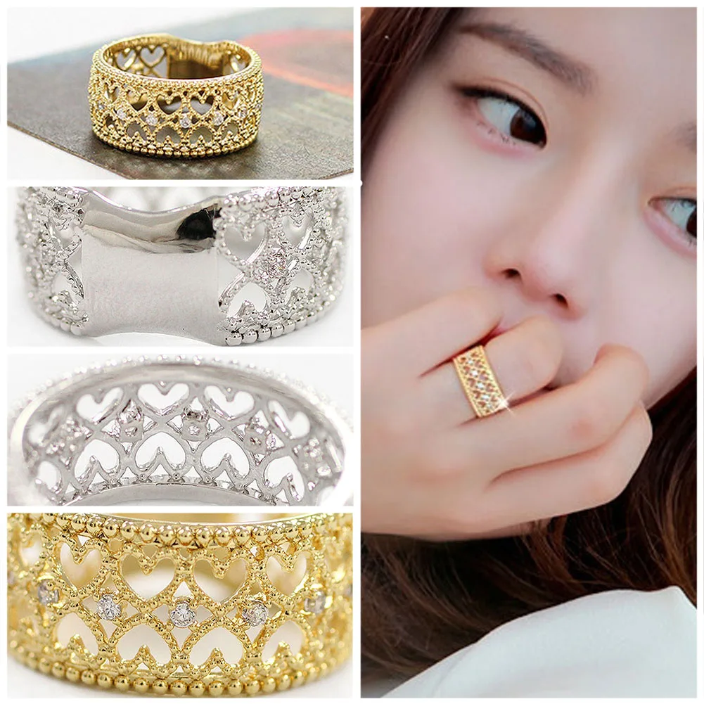 Women Rings Heart Rhinestone Ladies Girls Noble Elegant Trendy Gold Alloy Finger Ring | Украшения и аксессуары