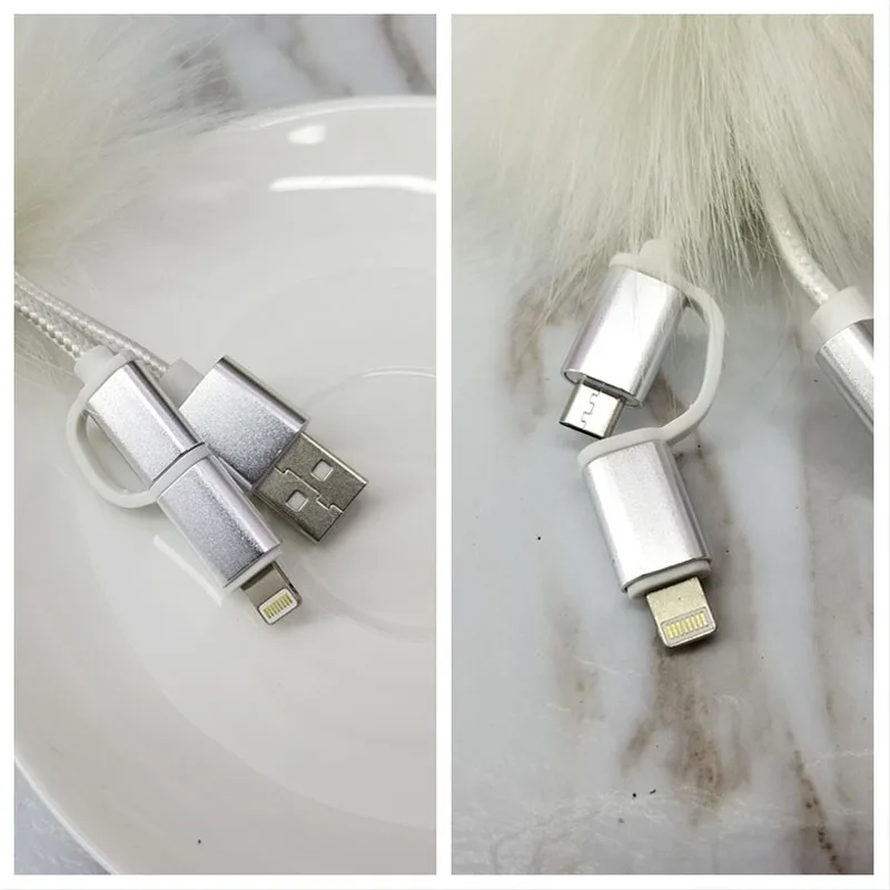 Мех животных помпоном брелок с шариком телефон USB кабель для передачи данных