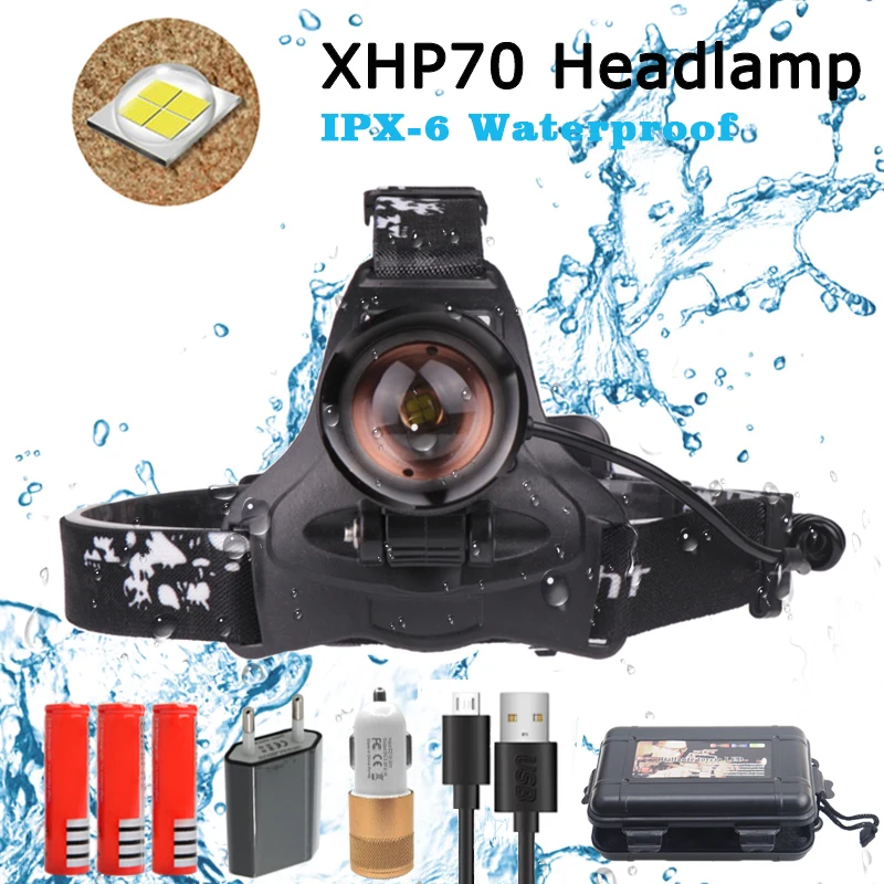 Супер яркий светодиодный налобный фонарь XHP70 супер с 3 режимами 18650 зарядка через