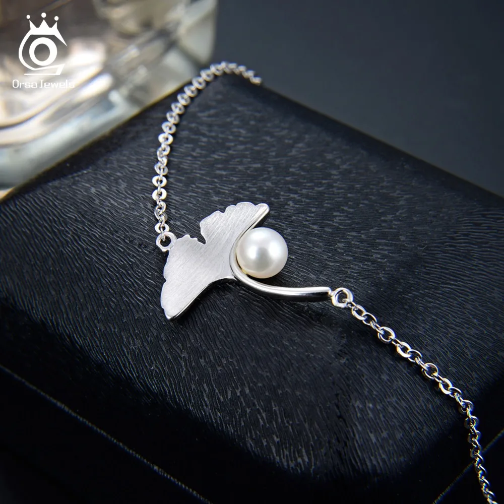 ORSA JEWELS Аутентичные 925 серебряные браслеты для женщин гинкго билоба и жемчужный узор серебряный цвет женские ювелирные изделия для вечеринки SB39
