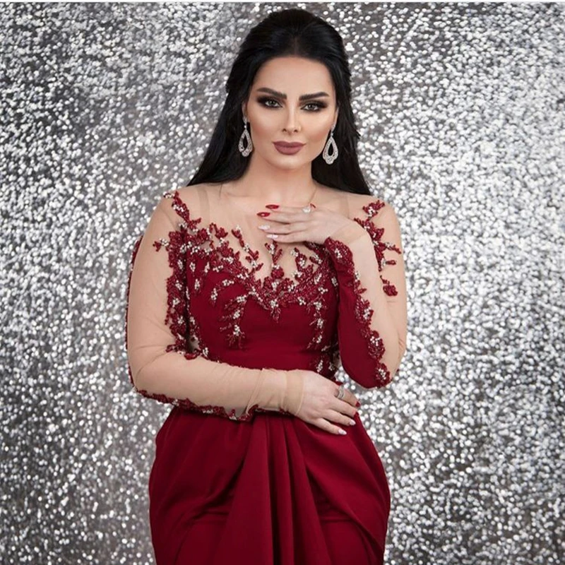 Женское вечернее платье-русалка бордовое длинное платье с длинным рукавом в