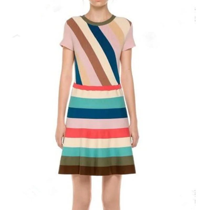 В радужную полоску вязаное платье 2019 Летняя мода o образным вырезом короткий