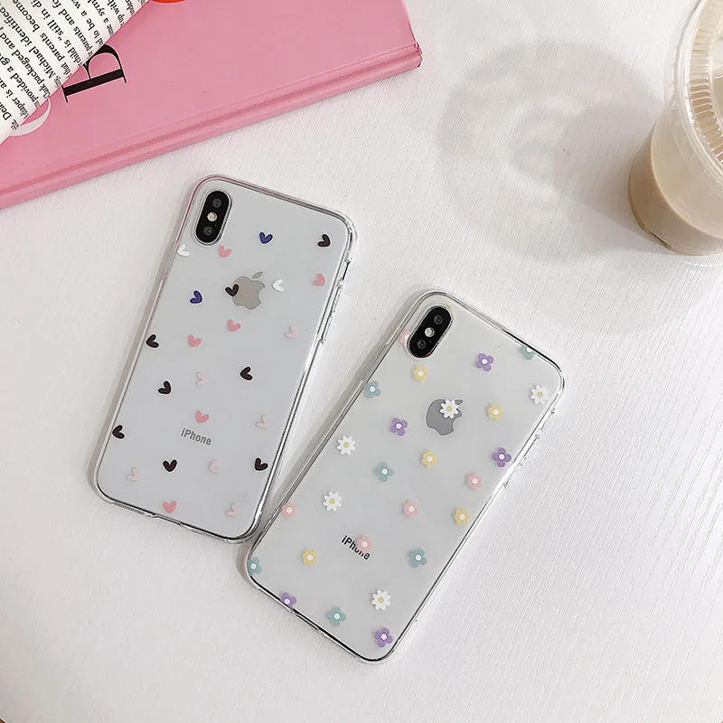 Милые чехлы для телефонов с сердечками и цветами для iPhone 11Pro Max 6 6s 7 8 Plus X Xs Max Xr высококачественный прозрачный мягкий чехол Fundas Capa