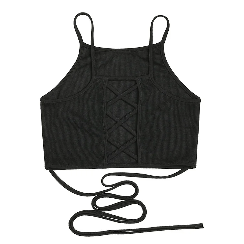 Летние короткие топы Blusa Женская Сексуальная бандажная футболка без рукавов топ модная черная майка на шнуровке Tumblr Женская - Цвет: Черный