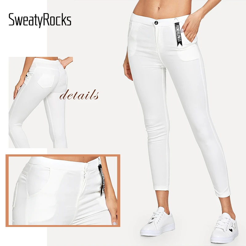 SweatyRocks, однотонные обтягивающие джинсы с карманами, уличная одежда, эластичные белые джинсовые штаны, весна, прямые женские обтягивающие джинсы