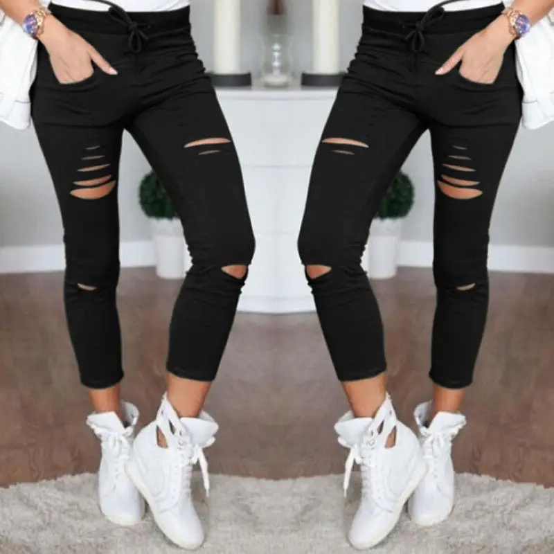 

2017 Skinny Jeans Women Denim Pants Holes Destroyed Knee Pencil Pants Casual Trousers Black White Stretch Ripped Jeans