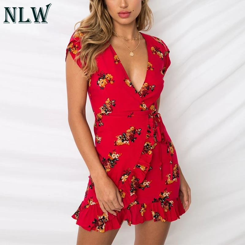NLW Boho цветочное красное мини накидка сексуальное платье с v образным вырезом и