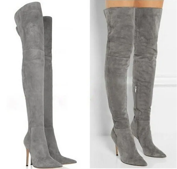 New Arrived women pointed toe thigh high bbots grey suede leather over knee boots slim thin sexy thigh high boots plus size 42