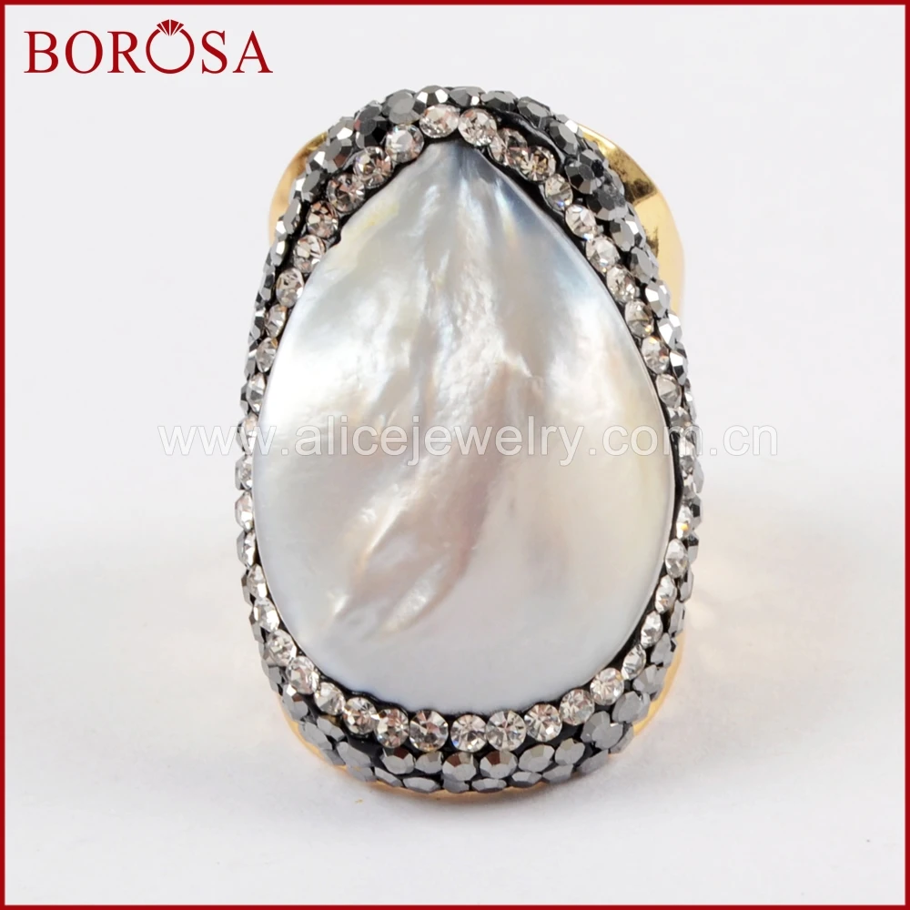 BOROSA Wholesale New Fashion 5Pcs Druzy Gold Color Rhinestone Pave Drop White Shell Ring JAB930 | Украшения и аксессуары
