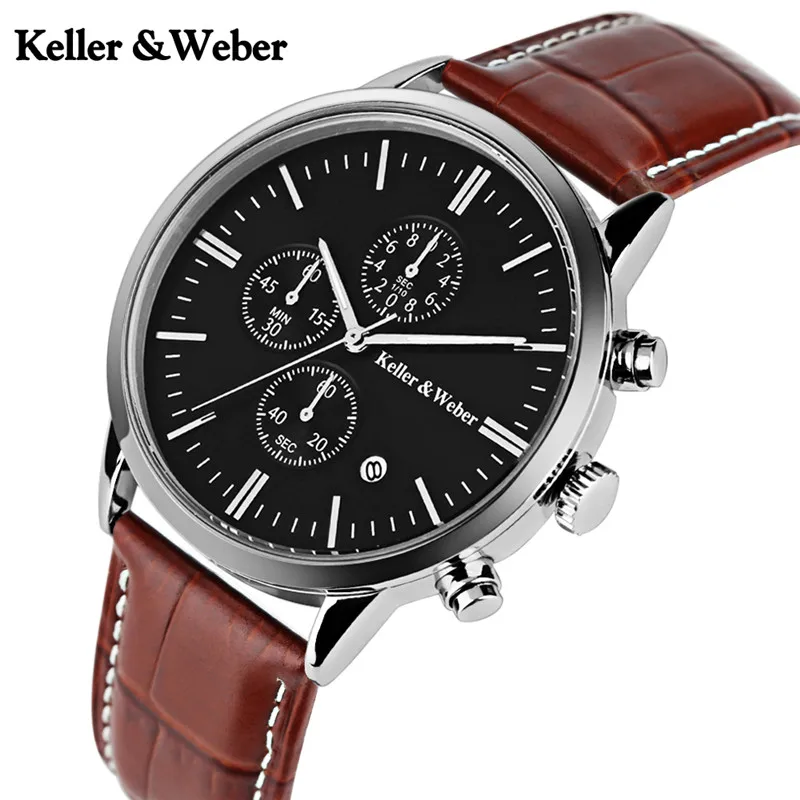 Keller & Weber 30ATM водонепроницаемые наручные часы классические из натуральной кожи