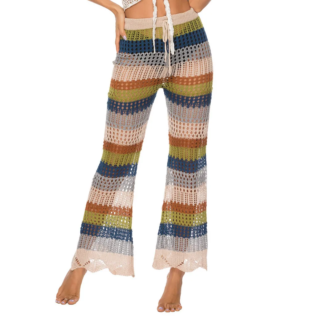 Женские закрытые штаны сексуальные ажурные вязаные крючком с высокой талией