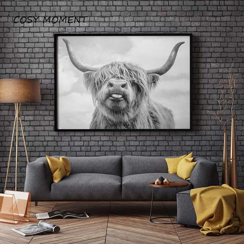 Cosy Moment Highland крупного рогатого скота плакаты и принты черно-белые стены искусства холст картина Корова настенные картины для украшения гостиной