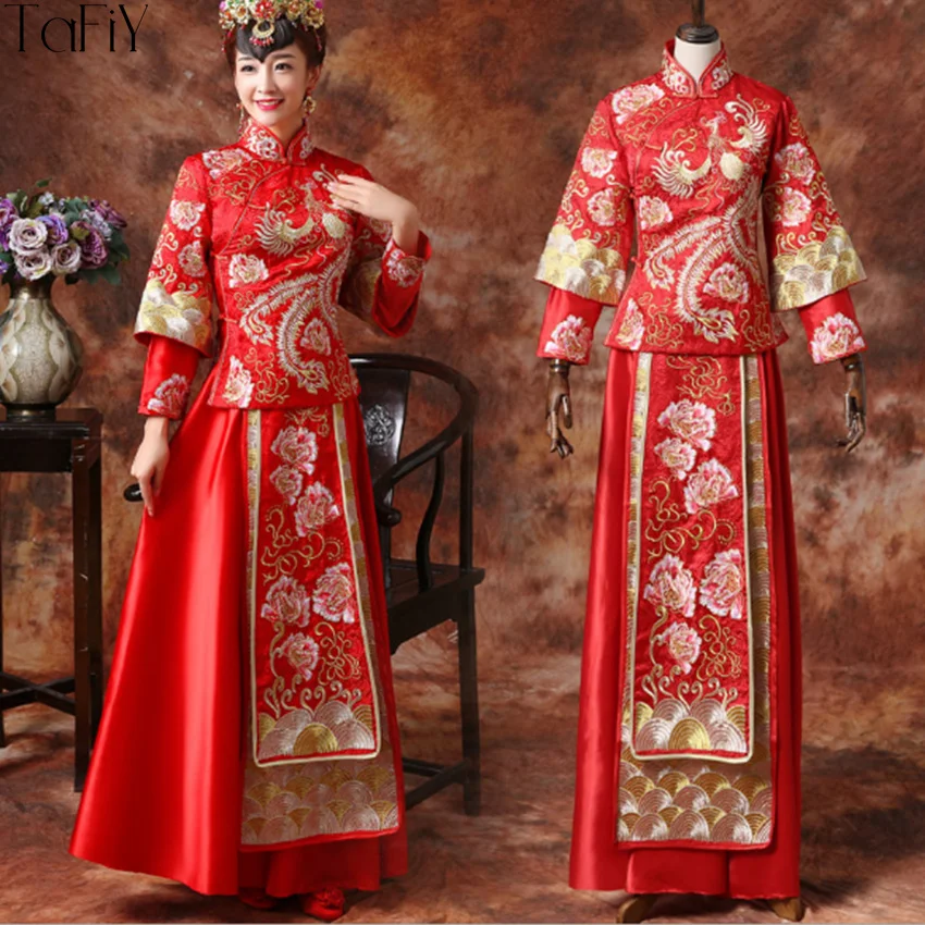 Tafiy 2018 Вышивка дракон платье невесты свадебное Китайский Стиль Феникс Cheongsam