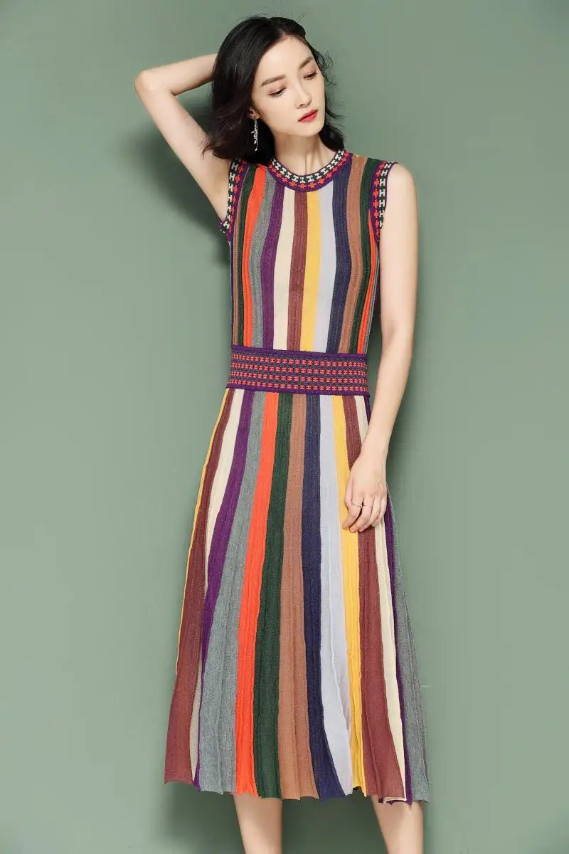 Qooth летняя модная женская одежда трикотаж Радужный полосатый свитер платье с