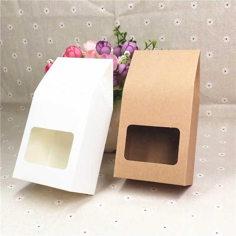 24pcs/Lot Solid Color White Brown Standing Kraft Paper Sealing Bags For Apple Chocolate Boxes With PVC Heart Square Window | Дом и сад