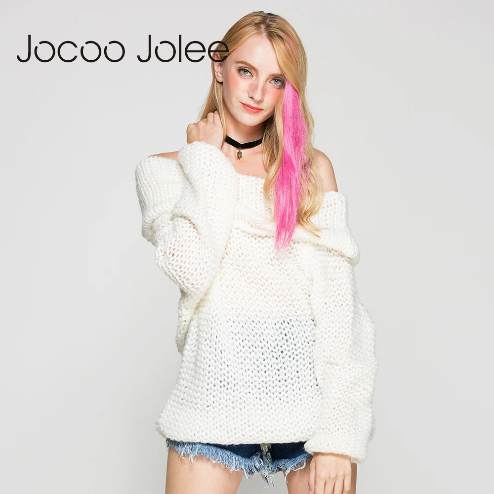 Женский вязаный свитер Jocoo Jolee белый с длинным рукавом и открытыми плечами осень
