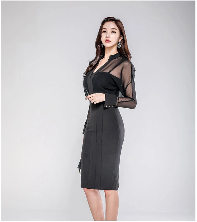 HAMALIEL Sexy Two False Pieces Women Sheath Dress 2018 Spring Black Mesh Patchwork Long Sleeve Perspective Backless Pencil | Женская