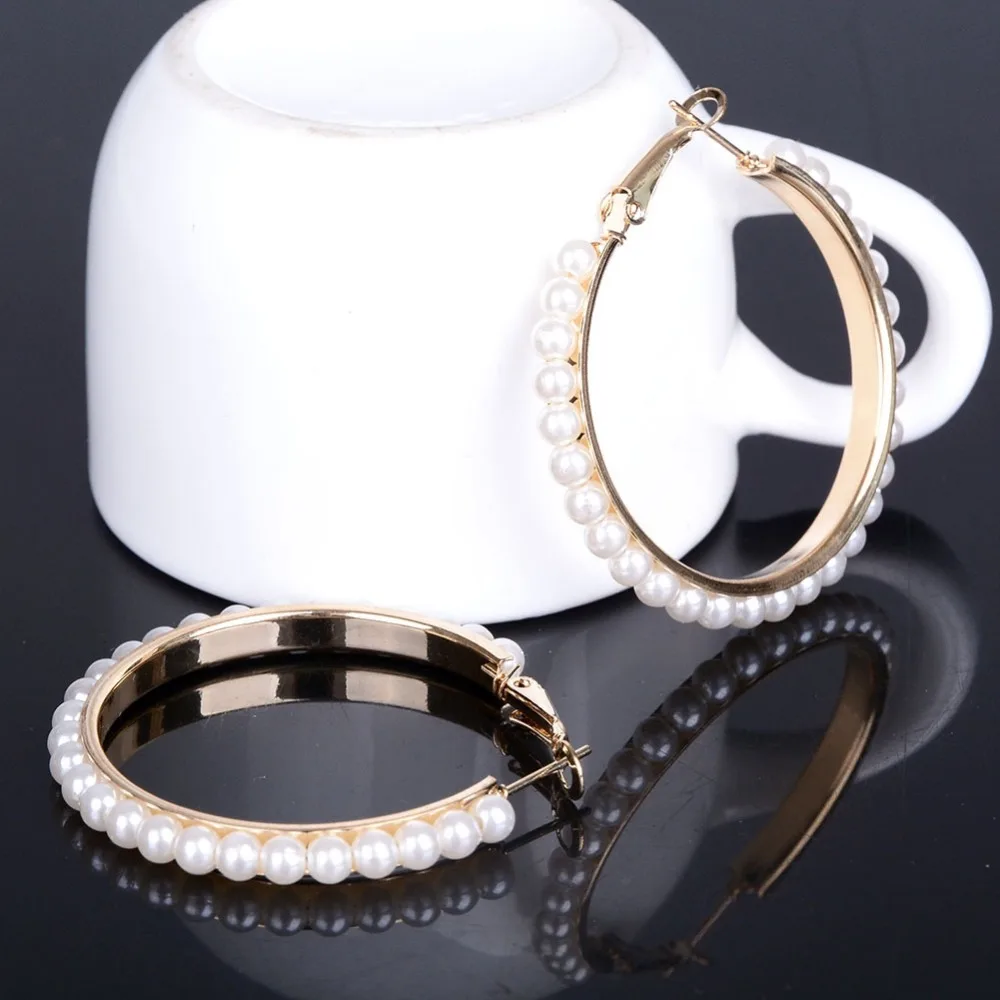 Романтические модные большие серьги-кольца золотого цвета с искусственным