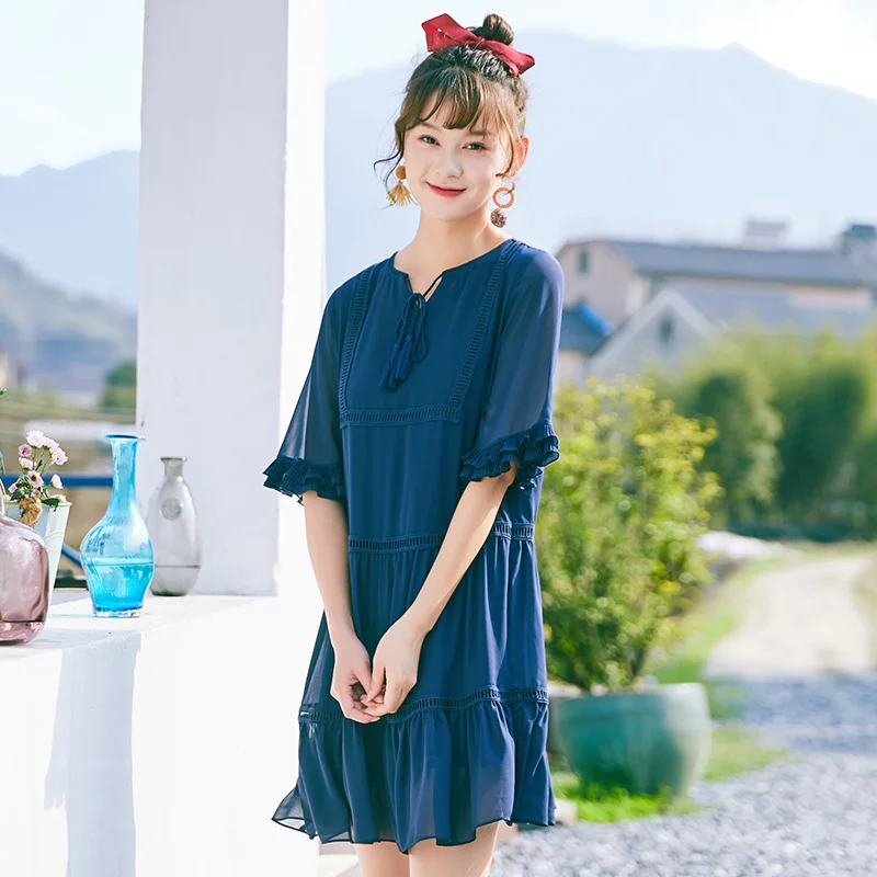 Женское платье с круглым вырезом SEMIR синее Повседневное трикотажное рукавом до