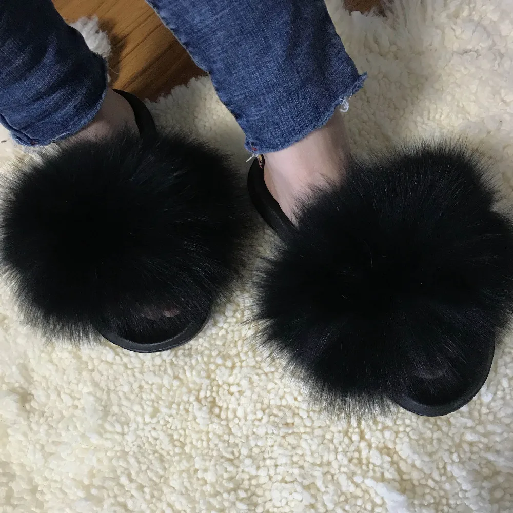 100% натуральный мех лисы шлепанцы на меху цвет черный пушистый модные домашние