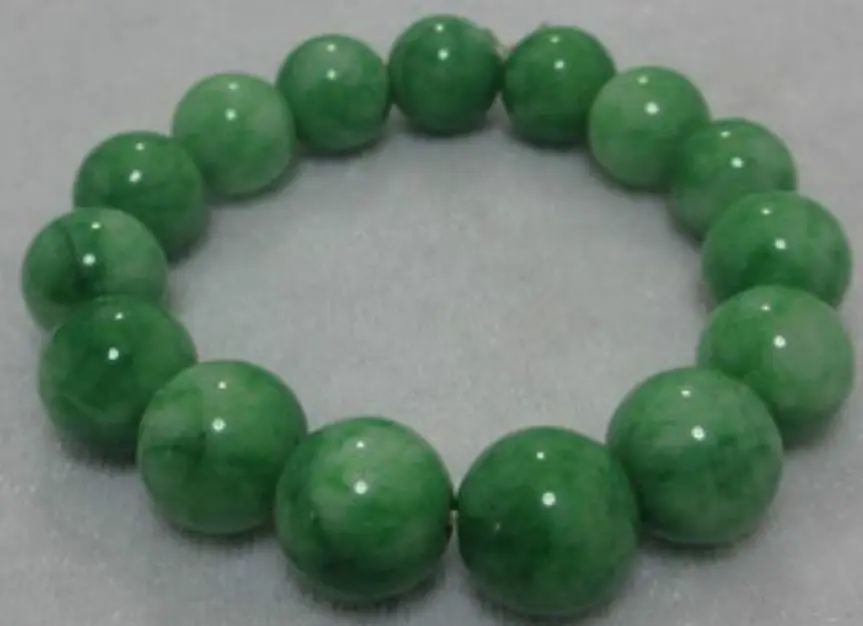 

14mm NATURE BEAUTIFUL GREEN JADE JADEITE BRACELET GREEN HAND CATENARY 7.5" AAA+F