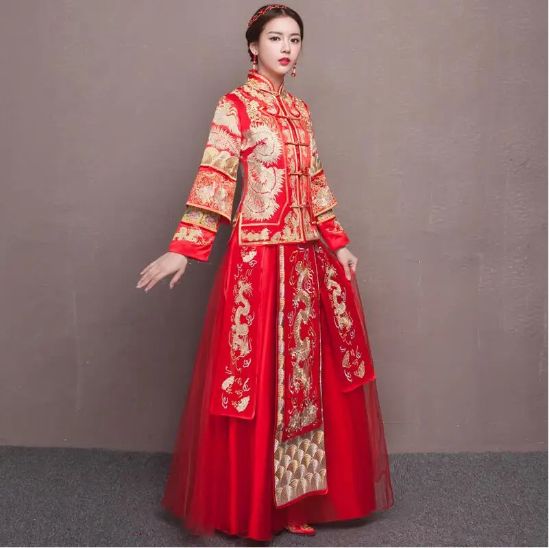 

Traditional Show clothes dragon gown pratensis chinese style bride dress red evening dress married cheongsam la robe de mariage