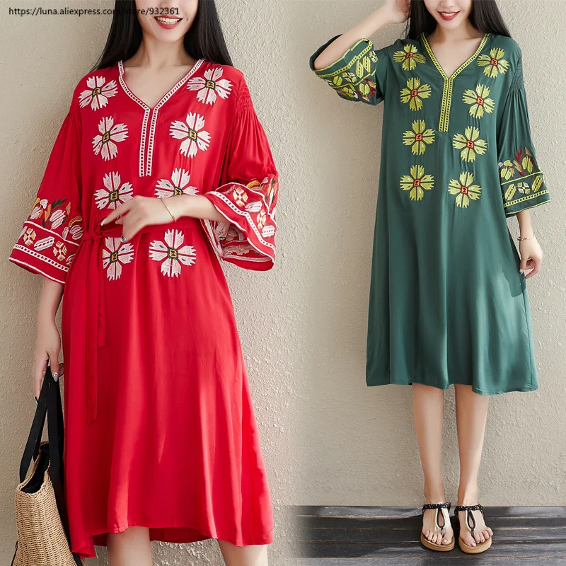 Винтажная Цветочная вышивка блузка длинное платье boho женские платья осень лето