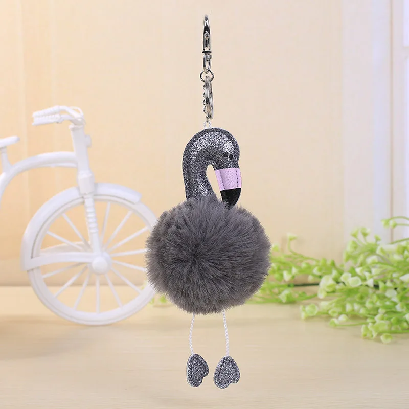 High Quality Anime Flamingo Toy Cute Leather KeyChain Plush Pendant Women Fluffy Fur Pom Keyring Bag Hang | Украшения и