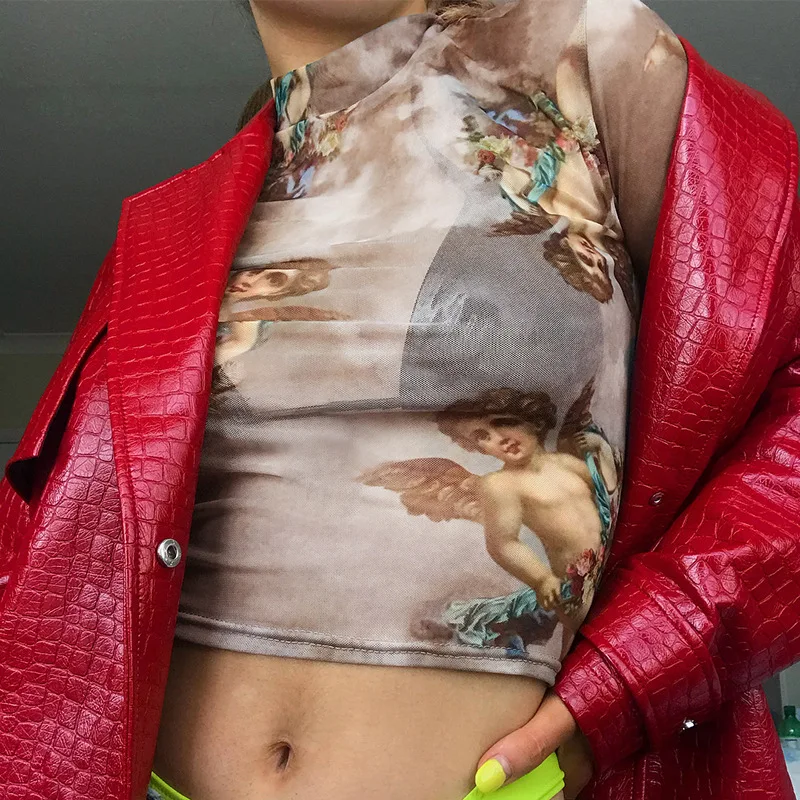 Женский укороченный топ с ажурным принтом прозрачный сетчатый длинным рукавом