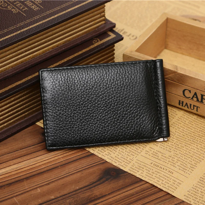 Мужской кошелек из натуральной кожи с зажимом для денег двойного сложения черный