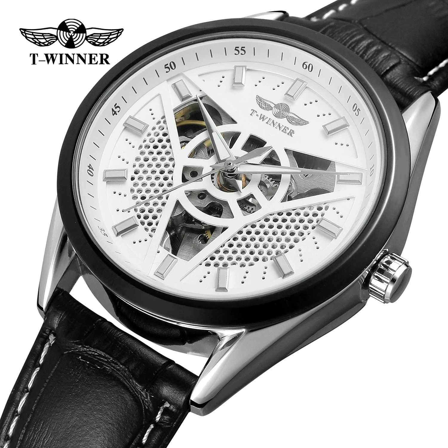 

Fashion WINNER Top Brand Racing Sport Watch Men Auto Mechanical Golden Triangle Dart Skeleton Dial Genuine Leather Wrist Watches