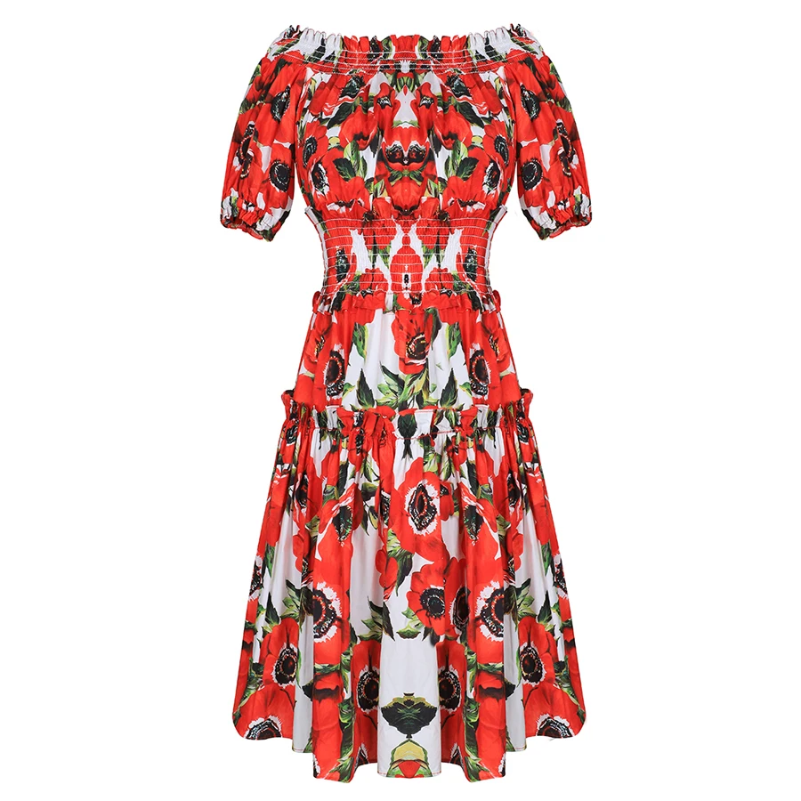 AELESEEN Designer Summer Cotton Dress 2019 Women's Elastic Off the Shoulder Elegant Red Floral Print Boho Holiday Short | Женская