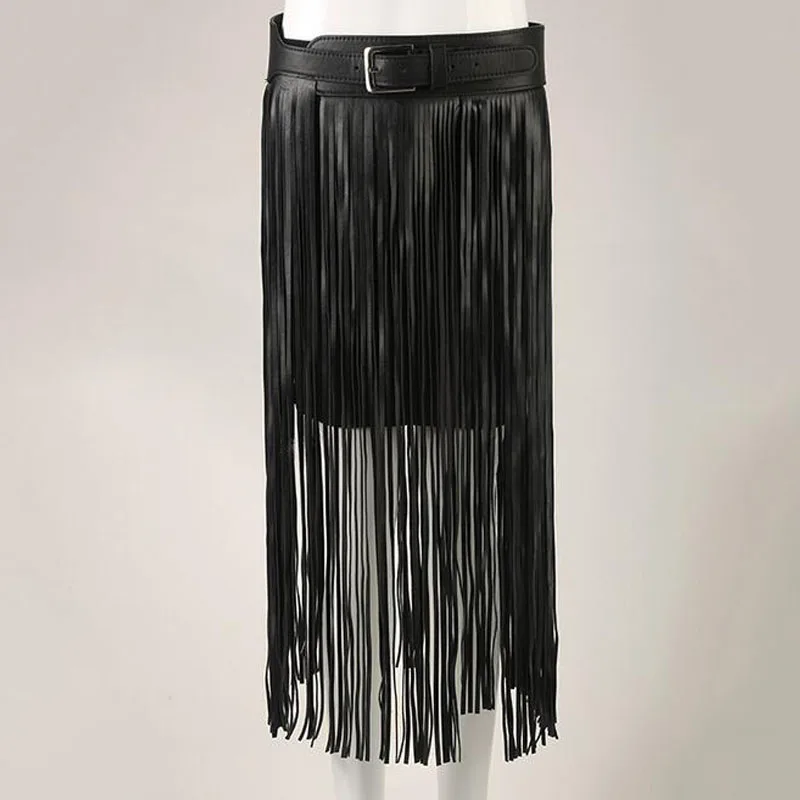New design Hippie Boho Fringe Tassel Black Faux Leather Ladies Belt All Matching High Waist Fashion Women Long Belts