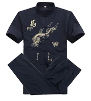 chinese men cotton kung fu suit embroidery wu shu uniform tai chi clothing short sleeve shirtpant m l xl xxl xxxl ms013